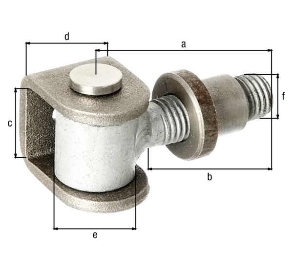 Gate hinge with U-bracket and welding nut for welding, Material: U-clip and welding nut: raw steel, connecting bolt and circlip: stainless steel, Length: 65 mm, Thread length: 42 mm, eye height: 42 mm, Clip width: 30 mm, Roller dia.: 27 mm, External dia. weld-in nut: 25 mm, can be adjusted by: 15 mm, Thread: M20