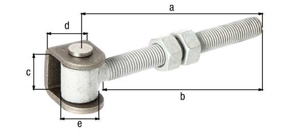 Gate hinge with U-bracket for welding and threads for screwing through, for posts up to Ø 120 mm or 120 x 120 mm, Material: U-clip: raw steel, connecting bolt and circlip: stainless steel, Length: 144 mm, Thread length: 138 mm, eye height: 37 mm, Clip width: 30 mm, Roller dia.: 25 mm, Thread: M16