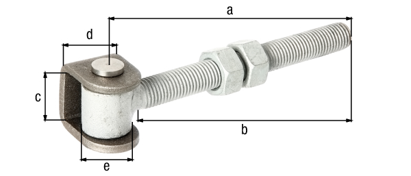 Cerniera per cancelli con staffa a U da saldare e perno filettato da fissare a vite, per pali fino a Ø 120 mm o 120 x 120 mm, Materiale: staffa ad U: acciaio grezzo, perno di collegamento ed anello di sicurezza: acciaio inox, lunghezza: 144 mm, Lunghezza filettatura: 138 mm, altezza staffa: 37 mm, Larghezza staffa: 30 mm, Ø rulli: 25 mm, Filettatura: M16