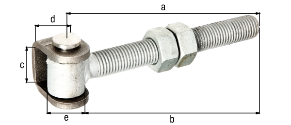 Pernio de pórtico para postes con rosca pasante, para poste con un Ø de 120 mm o de dimensión de 120 x 120 mm, Material: Estribo en U: acero crudo, perno de unión y anillo de seguridad: acero inoxidable, Longitud: 153 mm, Longitud de la rosca: 145 mm, Altura del estribo: 42 mm, Anchura del estribo: 30 mm, Ø del rodillo: 25 mm, Roscado: M20