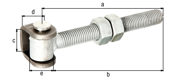 Torband mit U-Bügel zum Anschweißen und Gewinde zum Durchschrauben, für Pfosten bis Ø120 mm oder 120 x 120 mm, Material: U-Bügel: Stahl roh, Verbindungsbolzen und Sicherungsring: Edelstahl, Länge: 153 mm, Gewindelänge: 145 mm, Bügelhöhe: 42 mm, Bügelbreite: 30 mm, Rollen-Ø: 25 mm, Gewinde: M20