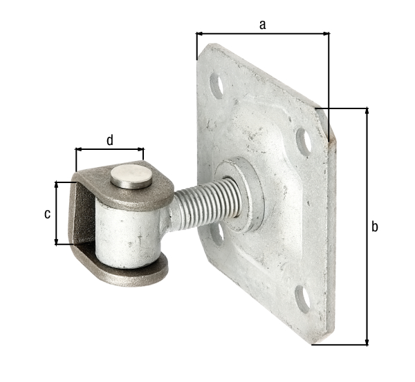 Gate hinge with U-bracket for welding and plate for screwing on, Material: U-clip: raw steel, connecting bolt and circlip: stainless steel, Surface: plate and eye screw: hot-dip galvanised, Width: 100 mm, Height: 100 mm, eye height: 37 mm, Clip width: 30 mm, can be adjusted by: 20 mm, Thread: M16, No. of holes: 4, Hole: Ø11 mm