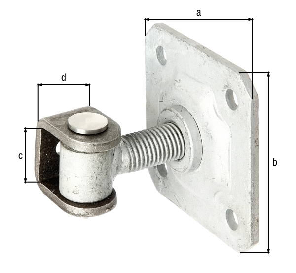 Gate hinge with U-bracket for welding and plate for screwing on, Material: U-clip: raw steel, connecting bolt and circlip: stainless steel, Surface: plate and eye screw: hot-dip galvanised, Width: 100 mm, Height: 100 mm, eye height: 42 mm, Clip width: 30 mm, can be adjusted by: 20 mm, Thread: M20, No. of holes: 4, Hole: Ø11 mm