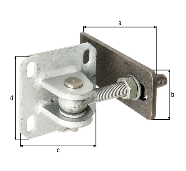 Gate hinge with plate for screwing on, adjustable in three levels, Material: weld-on plate: raw steel, Surface: plate, threaded bar, screws, nuts and washers: hot-dip galvanised, for welding on, Length: 146 mm, Height of weld-on part: 60 mm, Width of screw-on plate: 100 mm, Height of screw-on plate: 100 mm, Thread: M16, Material thickness of weld-on plate: 8.00 mm, No. of holes: 4, Hole: 20 x 11 mm
