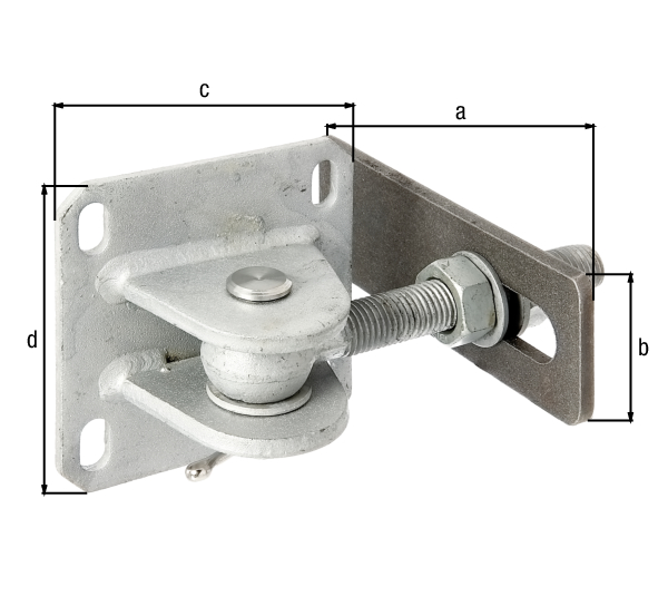 Gate hinge with plate for screwing on, adjustable in three levels, Material: weld-on plate: raw steel, Surface: plate, threaded bar, screws, nuts and washers: hot-dip galvanised, for welding on, Length: 170 mm, Height of weld-on part: 60 mm, Width of screw-on plate: 120 mm, Height of screw-on plate: 120 mm, Thread: M20, Material thickness of weld-on plate: 8.00 mm, No. of holes: 4, Hole: 20 x 11 mm