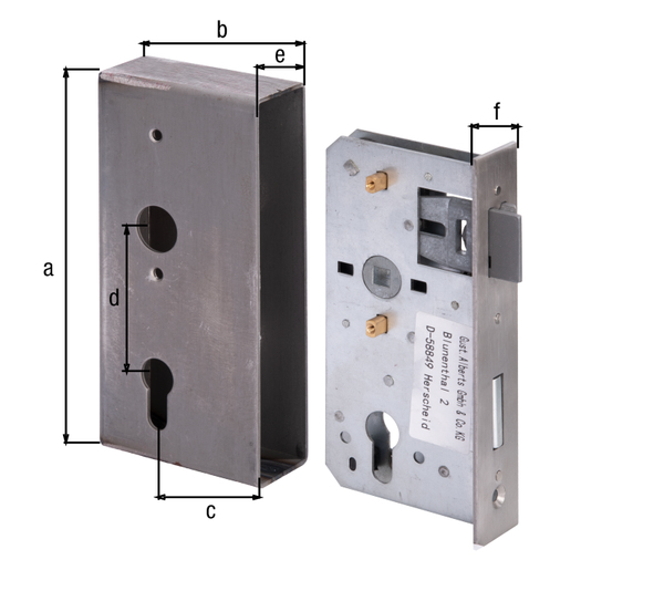 Lock case with galvanised lock, with countersunk screw holes, backset 55 mm, Material: case: raw steel, lock: raw steel, Surface: lock: galvanised, Height: 185 mm, Width: 90 mm, Size back set: 55 mm, Distance: 72 mm, Width: 40 mm, Strike plate width: 33 mm, Strike plate height: 180.8 mm