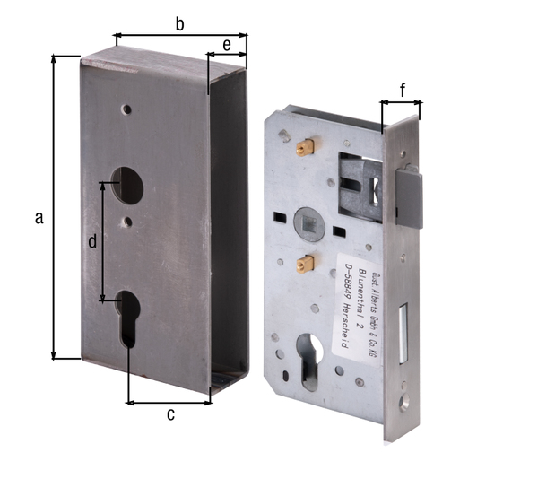 Caja de cerradura con cerradura galvanizada, con agujeros para atornillar avellanados, eje 55 mm, Material: Caja: acero crudo, cerradura: acero crudo, Superficie: Cerradura: galvanizada, Altura: 185 mm, Anchura: 90 mm, Entre eje: 55 mm, Entre eje: 72 mm, 40 mm, 33 mm, Altura de la corona: 180,8 mm