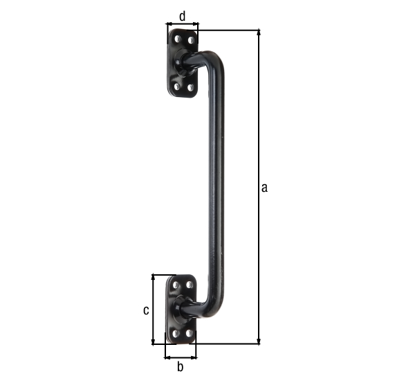 Gate handle, Material: steel, Surface: black powder-coated, Total length: 275 mm, Plate width: 32 mm, Plate height: 60 mm, Type: straight, Handle-Ø: 14 mm, No. of holes: 8, Hole: Ø6 mm