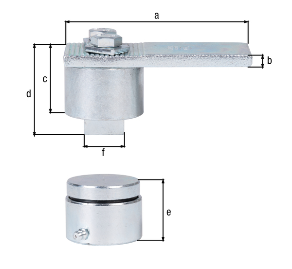 Pivot sur roulement conique, Matériau: Acier brut, Finition: zinguée, Longueur patte à souder: 115 mm, Hauteur de la pièce à souder: 8 mm, Hauteur: 40,5 mm, Diamètre du bloque à roulement bas et haut: 50 mm, Hauteur: 38 mm, Knauf: 25 x 25  mm