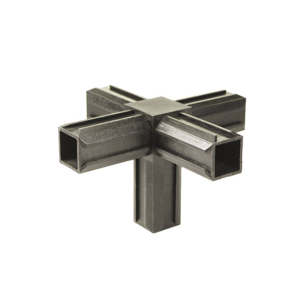 Unión para tubos XD, pieza en forma de cruz con una salida suplementaria a ángulo recto, Material: Poliamida 6, color: negro, Para tubo: 20 x 20 x 1,5 mm