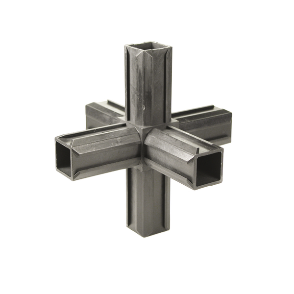 Raccordo per tubi XD, forma a croce con due raccordi ad angolo retto aggiuntivi, Materiale: poliammide 6, colore nero, Per tubo: 20 x 20 x 1,5 mm