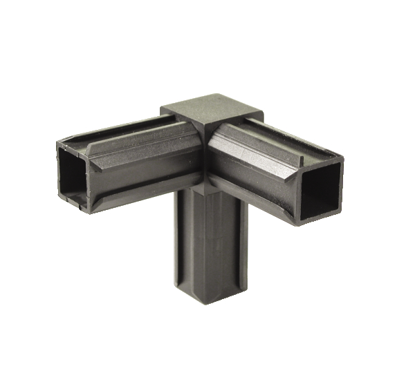 Raccord de tubes XD à angle droit, trois embouts, Matériau: Polyamide 6, couleur : noir, pour tube: 30 x 30 x 2,0 mm