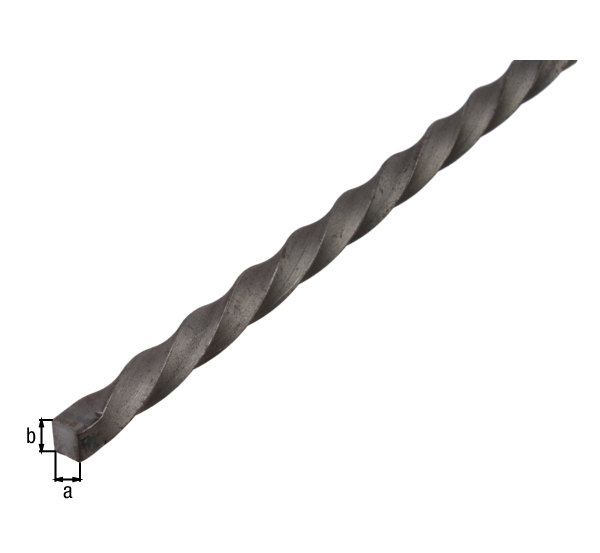 Barra quadra, modello spirale, Materiale: acciaio grezzo, laminato a caldo, larghezza: 8 mm, altezza: 8 mm, Lunghezza: 2000 mm