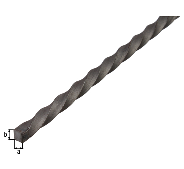 Barra quadra, modello spirale, Materiale: acciaio grezzo, laminato a caldo, larghezza: 12 mm, altezza: 12 mm, Lunghezza: 2000 mm