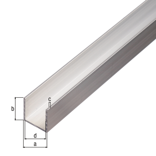 Profilé Forme U, Matériau: Aluminium, Finition: brute, Largeur: 10 mm, Hauteur: 15 mm, Épaisseur du matériau: 1,5 mm, Largeur d'ouverture: 7 mm, Longueur: 2600 mm