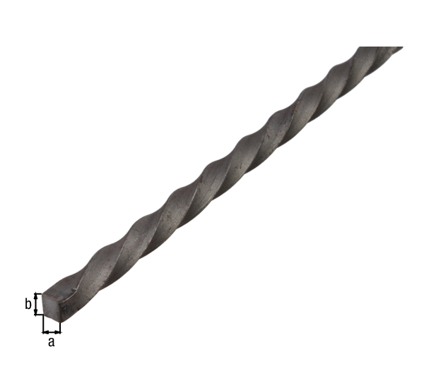 Barra quadra, modello spirale, Materiale: acciaio grezzo, laminato a caldo, larghezza: 12 mm, altezza: 12 mm, Lunghezza: 1000 mm