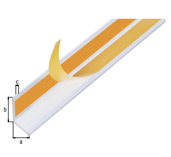 Profil kątowy, samoprzylepny, materiał: aluminium, powierzchnia: biała z powłoką z tworzywa sztucznego RAL 9016, Szerokość: 20 mm, Wysokość: 20 mm, Grubość materiału: 1,5 mm, Wersja: równoramienna, samoprzylepna, Długość: 2600 mm