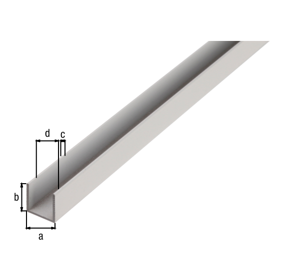 Profilé Forme U, Matériau: Aluminium, Finition: brute, Largeur: 10 mm, Hauteur: 8 mm, Épaisseur du matériau: 1 mm, Largeur d'ouverture: 8 mm, Longueur: 2600 mm
