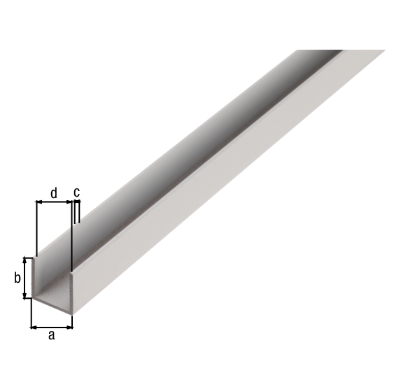 Profilé Forme U, Matériau: Aluminium, Finition: brute, Largeur: 8 mm, Hauteur: 8 mm, Épaisseur du matériau: 1 mm, Largeur d'ouverture: 6 mm, Longueur: 2600 mm