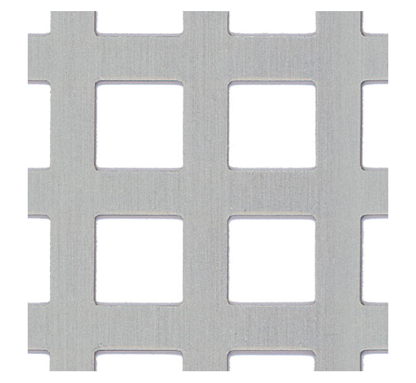 Blacha perforowana, perforacja kwadratowa, materiał: aluminium, powierzchnia: anodowana srebrna, Długość: 1000 mm, Szerokość: 500 mm, Odstęp pomiędzy środkami otworów: 15 mm, Grubość materiału: 0,80 mm, Perforacja: 10 x 10 mm
