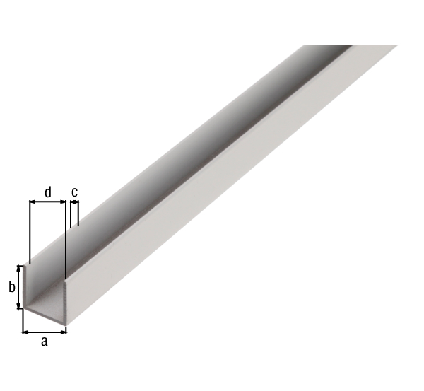 Profilé Forme U, Matériau: Aluminium, Finition: brute, Largeur: 10 mm, Hauteur: 10 mm, Épaisseur du matériau: 1,5 mm, Largeur d'ouverture: 7 mm, Longueur: 2600 mm