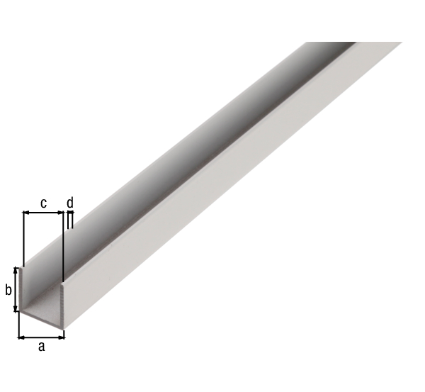BA-Profile, U shape, Material: Aluminium, Surface: untreated, Width: 25 mm, Height: 25 mm, Material thickness: 2 mm, Clear width: 21 mm, Length: 2600 mm