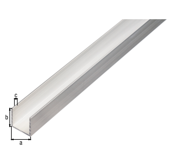 BA-Profile, U shape, Material: Aluminium, Surface: untreated, Width: 25 mm, Height: 25 mm, Material thickness: 2 mm, Clear width: 21 mm, Length: 1000 mm
