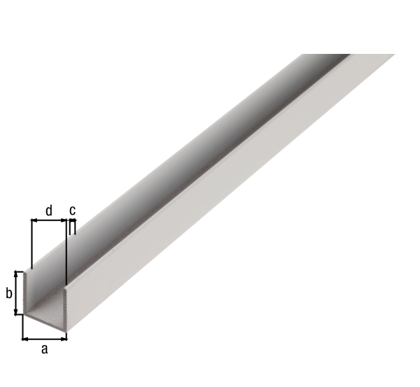 Profilé Forme U, Matériau: Aluminium, Finition: brute, Largeur: 15 mm, Hauteur: 20 mm, Épaisseur du matériau: 1,5 mm, Largeur d'ouverture: 12 mm, Longueur: 2600 mm