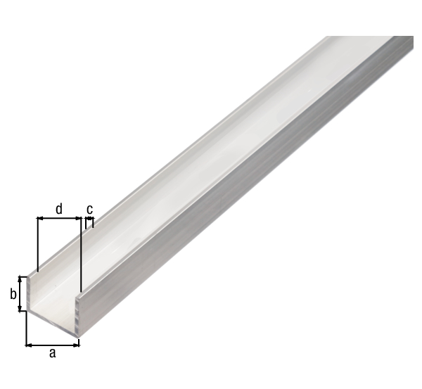BA-Profile, U shape, Material: Aluminium, Surface: untreated, Width: 10 mm, Height: 8 mm, Material thickness: 1 mm, Clear width: 8 mm, Length: 1000 mm