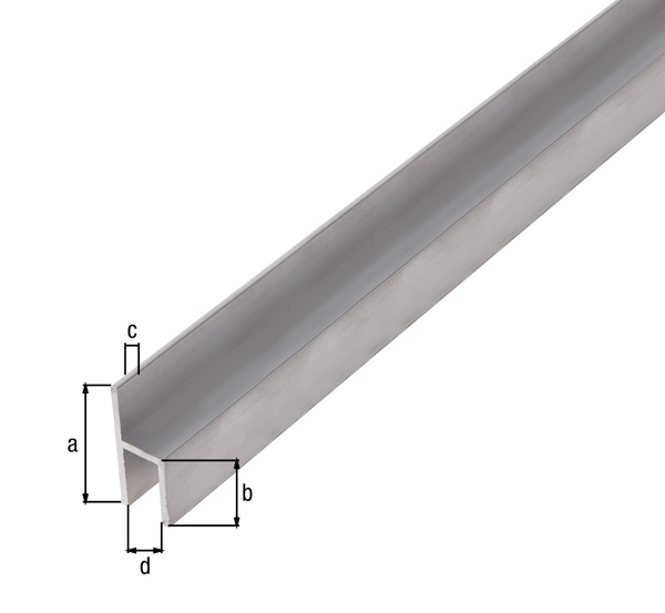 Perfil en H, Material: Aluminio, Superficie: anodizado plateado, Anchura: 26 mm, Altura: 11 mm, Espesura del material: 1,5 mm, Anchura de apertura: 8 mm, Longitud: 1000 mm