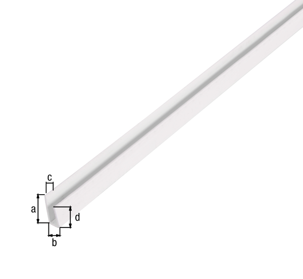 Perfil de tope, Material: PVC-U, color: blanco, Anchura abajo: 15 mm, Altura: 6 mm, Espesura del material: 1 mm, Anchura arriba: 10 mm, Longitud: 1000 mm