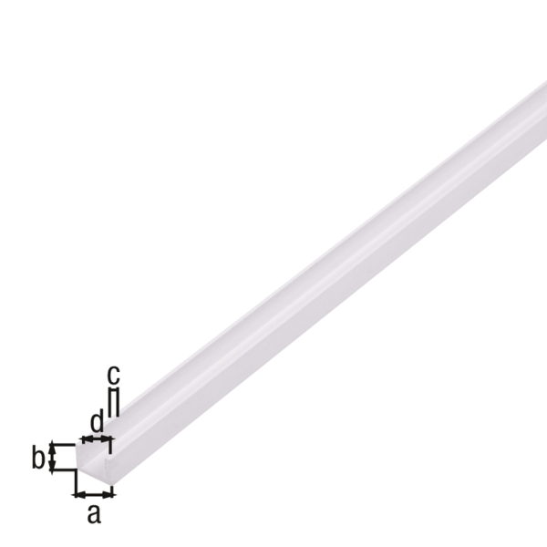 Profil U, materiał: PVC-U, kolor: biały, Szerokość: 8,7 mm, Wysokość: 6,2 mm, Grubość materiału: 1,2 mm, Szerokość światła: 6,3 mm, Długość: 1000 mm