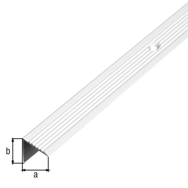 Stair nosing, with countersunk screw holes, Material: Aluminium, Surface: silver anodised, Width: 19 mm, Height: 19 mm, Length: 1000 mm, Material thickness: 2.00 mm