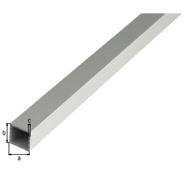 Tubo quadro, Materiale: alluminio, superficie: anodizzata argento, larghezza: 40 mm, altezza: 40 mm, Spessore del materiale: 2 mm, Lunghezza: 2000 mm