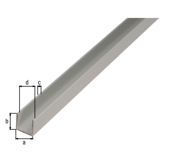 Perfil en U, Material: Aluminio, Superficie: anodizado plateado, Anchura: 20 mm, Altura: 8 mm, Espesura del material: 1 mm, Anchura de apertura: 18 mm, Longitud: 2000 mm