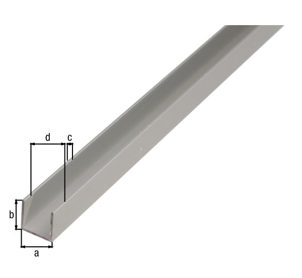 Perfil en U, Material: Aluminio, Superficie: anodizado plateado, Anchura: 15 mm, Altura: 8 mm, Espesura del material: 1,5 mm, Anchura de apertura: 12 mm, Longitud: 1000 mm