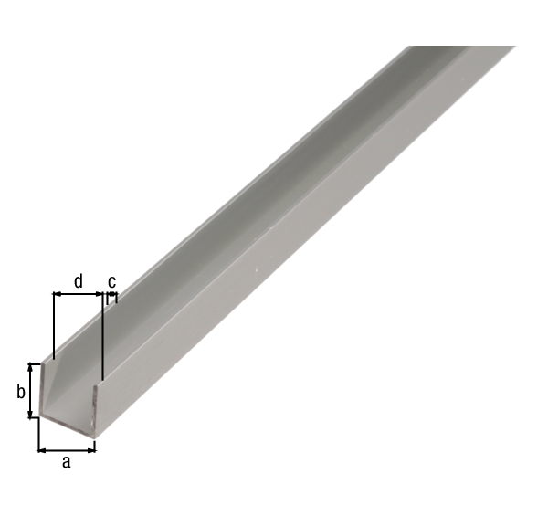 Perfil en U, Material: Aluminio, Superficie: anodizado plateado, Anchura: 15 mm, Altura: 8 mm, Espesura del material: 1,5 mm, Anchura de apertura: 12 mm, Longitud: 2000 mm