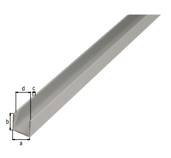 U profile, Material: Aluminium, Surface: silver anodised, Width: 25 mm, Height: 25 mm, Material thickness: 2 mm, Clear width: 21 mm, Length: 1000 mm