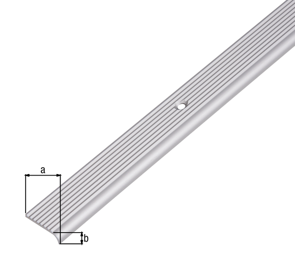 Profil ochronny do krawędzi schodów, z wpuszczonymi otworami na śruby, materiał: aluminium, powierzchnia: anodowana srebrna, Szerokość: 23 mm, Wysokość: 6 mm, Długość: 2000 mm, Grubość materiału: 2,00 mm