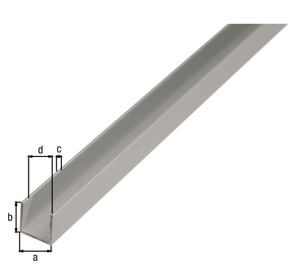 Perfil en U, Material: Aluminio, Superficie: anodizado plateado, Anchura: 12 mm, Altura: 10 mm, Espesura del material: 1,5 mm, Anchura de apertura: 9 mm, Longitud: 1000 mm
