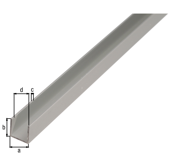 Perfil en U, Material: Aluminio, Superficie: anodizado plateado, Anchura: 15 mm, Altura: 10 mm, Espesura del material: 1,5 mm, Anchura de apertura: 12 mm, Longitud: 1000 mm
