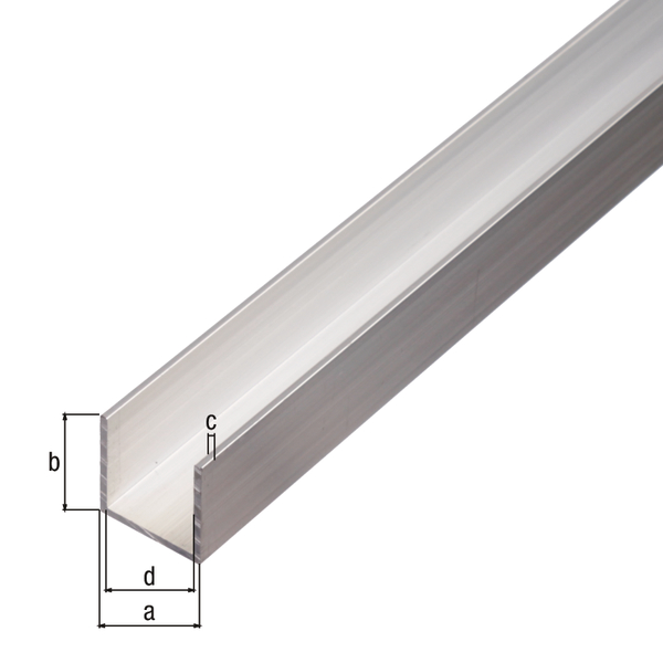 U profile, Material: Aluminium, Surface: silver anodised, Width: 8.6 mm, Height: 12 mm, Material thickness: 1.3 mm, Clear width: 6 mm, Length: 1000 mm