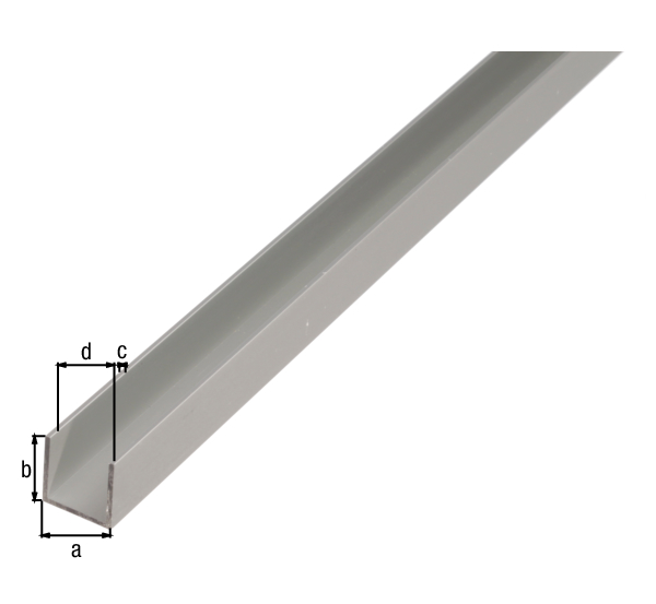 Profilé en U, Matériau: Aluminium, Finition: couleur argent, anodisée, Largeur: 22 mm, Hauteur: 10 mm, Épaisseur du matériau: 1,5 mm, Largeur d'ouverture: 19 mm, Longueur: 1000 mm