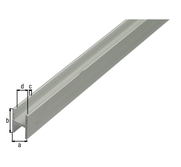 Perfil en H, Material: Aluminio, Superficie: anodizado plateado, Anchura: 9,1 mm, Altura: 12 mm, Espesura del material: 1,3 mm, Anchura de apertura: 6,5 mm, Longitud: 1000 mm