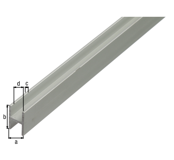 Perfil en H, Material: Aluminio, Superficie: anodizado plateado, Anchura: 13,5 mm, Altura: 22 mm, Espesura del material: 1,5 mm, Anchura de apertura: 10 mm, Longitud: 1000 mm
