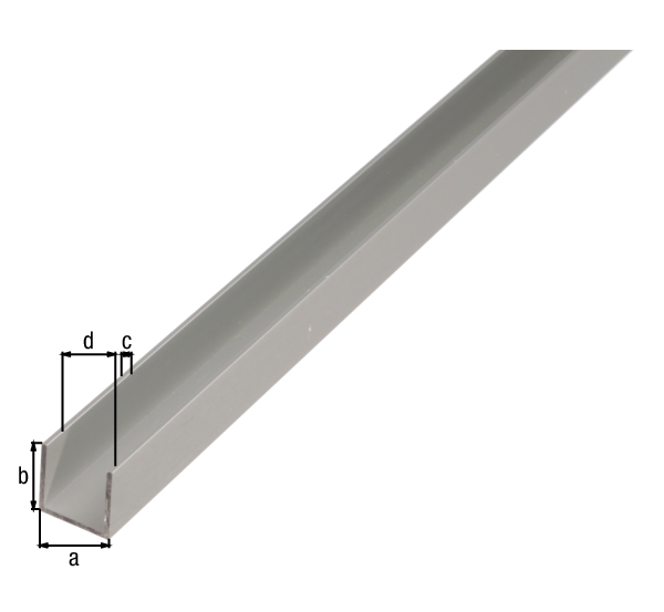 Perfil en U, Material: Aluminio, Superficie: anodizado plateado, Anchura: 20 mm, Altura: 10 mm, Espesura del material: 1,5 mm, Anchura de apertura: 17 mm, Longitud: 2000 mm