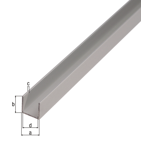 Perfil en U, Material: Aluminio, Superficie: anodizado plateado, Anchura: 8,6 mm, Altura: 12 mm, Espesura del material: 1,3 mm, Anchura de apertura: 6 mm, Longitud: 2000 mm