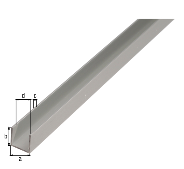 Perfil en U, Material: Aluminio, Superficie: anodizado plateado, Anchura: 22 mm, Altura: 10 mm, Espesura del material: 1,5 mm, Anchura de apertura: 19 mm, Longitud: 2000 mm