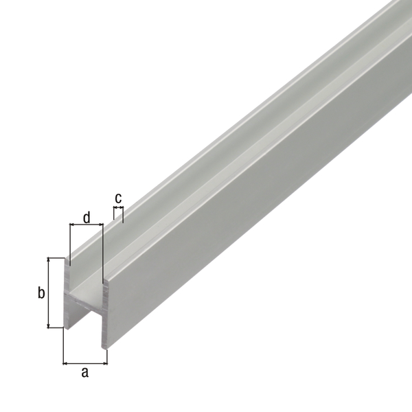 Profil H, materiał: aluminium, powierzchnia: anodowana srebrna, Szerokość: 9,1 mm, Wysokość: 12 mm, Grubość materiału: 1,3 mm, Szerokość światła: 6,5 mm, Długość: 2000 mm