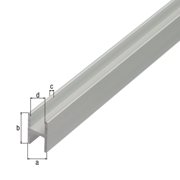 Profilé en H, Matériau: Aluminium, Finition: couleur argent, anodisée, Largeur: 9,1 mm, Hauteur: 12 mm, Épaisseur du matériau: 1,3 mm, Largeur d'ouverture: 6,5 mm, Longueur: 2000 mm